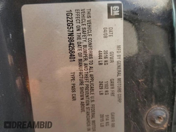 2008 Pontiac G6 with VIN 1G2ZG57N984258401, listed as a Copart auction lot 49211995 with 189,406 mi miles and Salvage title. Bid and sale history available at DreamBid. Image 12.
