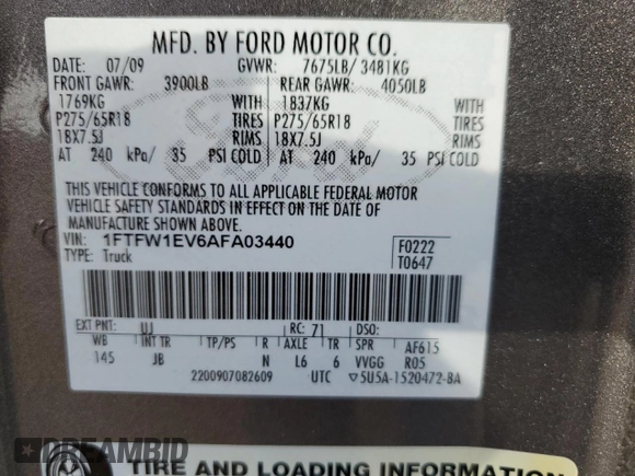 2010 Ford F-150 XL with VIN 1FTFW1EV6AFA03440, listed as a Copart auction lot 54847325 with 176,807 mi miles and Salvage Title. Bid and sale history available at DreamBid. Image 13.