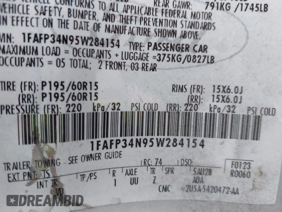 2005 Ford Focus S with VIN 1FAFP34N95W284154, listed as a IAAI auction lot 42555736 with 171,944 mi miles and . Bid and sale history available at DreamBid. Image 9.