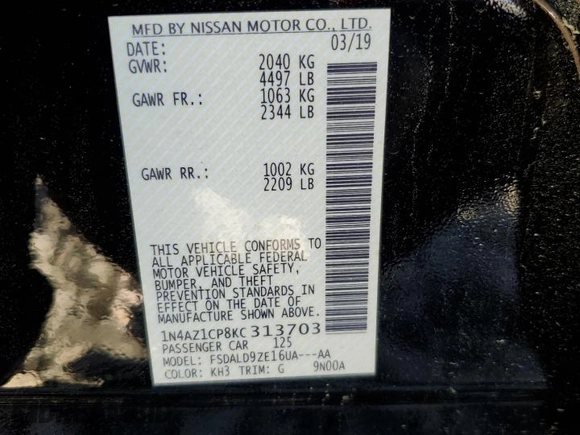 2019 Nissan LEAF SV with VIN 1N4AZ1CP8KC313703, listed as a Copart auction lot 56113735 with 56,854 mi miles and Salvage title. Bid and sale history available at DreamBid. Image 12.