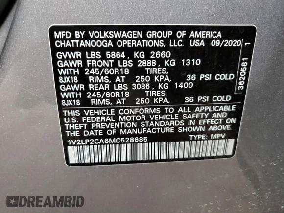 2021 Volkswagen Atlas SE with VIN 1V2LP2CA6MC528685, listed as a Copart auction lot 59535255 with Not provided miles and Salvage title. Bid and sale history available at DreamBid. Image 13.
