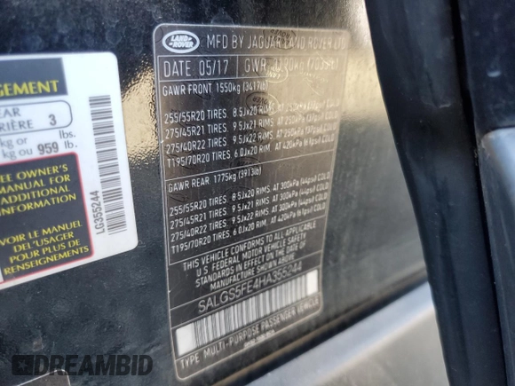 2017 Land Rover Range Rover with VIN SALGS5FE4HA355244, listed as a Copart auction lot 53041715 with 83,872 mi miles and Clean title. Bid and sale history available at DreamBid. Image 13.