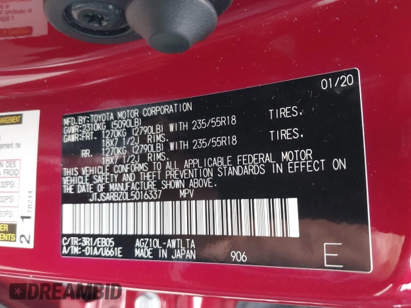 2020 Lexus NX 300 F Sport with VIN JTJSARBZ0L5016337, listed as a IAAI auction lot 42397965 with 45,414 mi miles and . Bid and sale history available at DreamBid. Image 9.