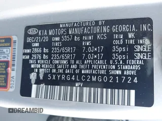 2021 Kia Sorento LX with VIN 5XYRG4LC2MG021724, listed as a IAAI auction lot 42548408 with 162,334 mi miles and . Bid and sale history available at DreamBid. Image 9.