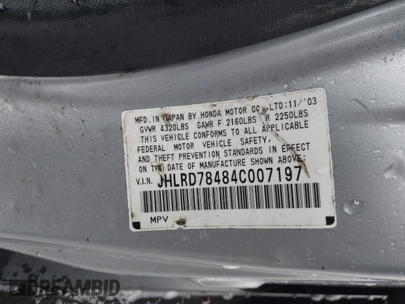 2004 Honda CR-V LX with VIN JHLRD78484C007197, listed as a IAAI auction lot 41581380 with 230,537 mi miles and . Bid and sale history available at carsss.com. Image 9.