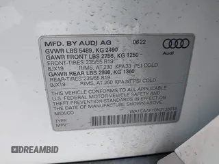 2022 Audi Q5 S line Premium Plus with VIN WA1EAAFY0N2133918, listed as a IAAI auction lot 42075042 with 54,322 mi miles and . Bid and sale history available at DreamBid. Image 9.