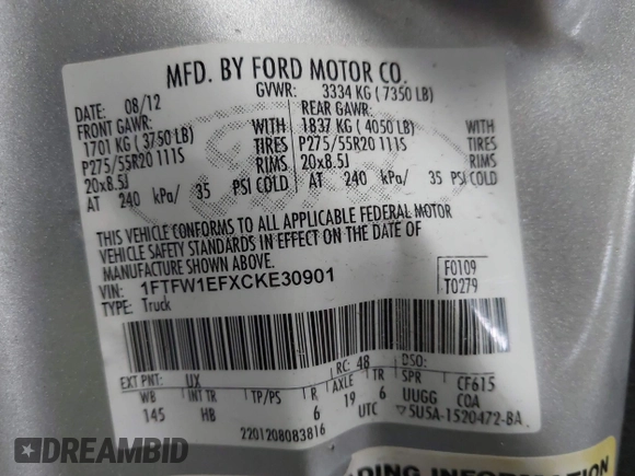 2012 Ford F-150 XL с VIN 1FTFW1EFXCKE30901, выставлен на аукционе IAAI как лот 41536147 с пробегом 255 595 миль миль и . История ставок и продаж доступна на DreamBid. Изображение 9.