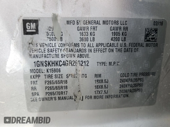 2016 Chevrolet Suburban LT z VIN 1GNSKHKC4GR285212, wystawiony jako Copart lot #58021115 z przebiegiem Nie podano mil oraz Szkoda całkowita • Salvage title. Historia ofert i sprzedaży dostępna na DreamBid. Obrazek 14.