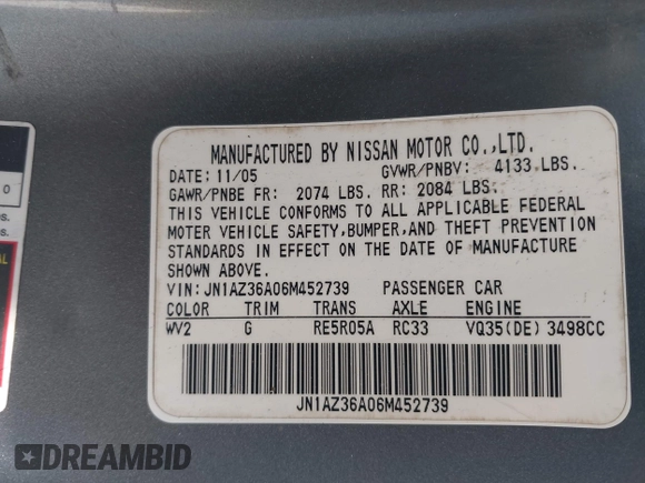 2006 Nissan 350Z Touring with VIN JN1AZ36A06M452739, listed as a IAAI auction lot 42190928 with Not Provided miles and . Bid and sale history available at DreamBid. Image 9.