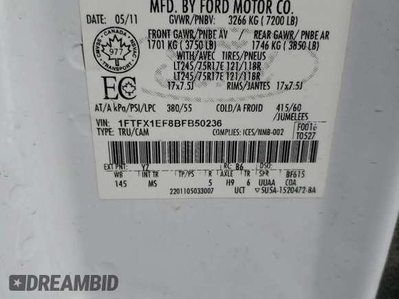2011 Ford F-150 XL z VIN 1FTFX1EF8BFB50236, wystawiony jako Copart lot #62964795 z przebiegiem Nie podano mil oraz Czysty tytuł • Clean title. Historia ofert i sprzedaży dostępna na DreamBid. Obrazek 12.