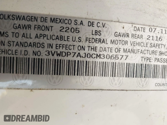 2012 Volkswagen Jetta SE with VIN 3VWDP7AJ0CM306577, listed as a IAAI auction lot 42585620 with 235,667 mi miles and . Bid and sale history available at DreamBid. Image 9.