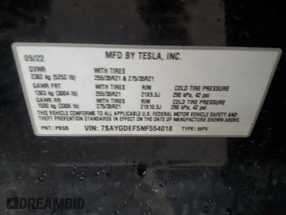2022 Tesla Model Y Performance с VIN 7SAYGDEF5NF554018, выставлен на аукционе Copart как лот 65062185 с пробегом Не указан миль и Списание • Salvage title. История ставок и продаж доступна на DreamBid. Изображение 12.