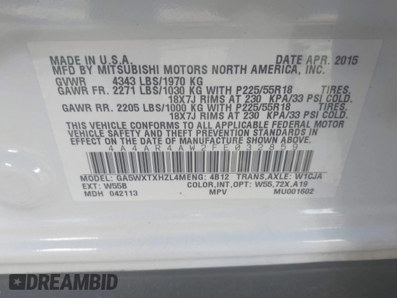 2015 Mitsubishi Outlander Sport 2.4 GT with VIN 4A4AR4AW2FE032859, listed as a IAAI auction lot 41688091 with 200,394 mi miles. Bid and sale history available at carsss.com. Image 9.