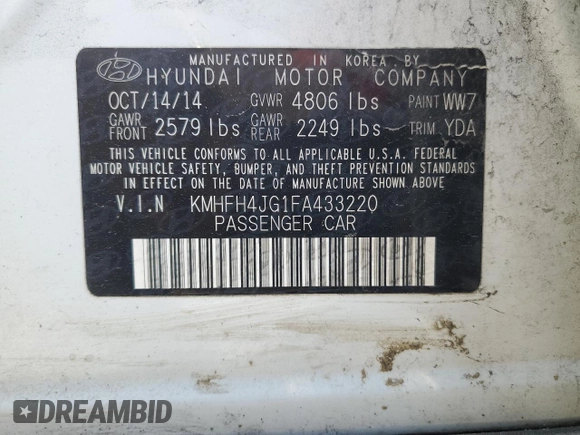 2015 Hyundai Azera Limited z VIN KMHFH4JG1FA433220, wystawiony jako Copart lot #50007845 z przebiegiem 133 942 mil mil oraz Szkoda całkowita • Salvage title. Historia ofert i sprzedaży dostępna na DreamBid. Obrazek 14.