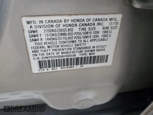 2010 Acura MDX Advance with VIN 2HNYD2H50AH500556, listed as a Copart auction lot 43257045 with 169,799 mi miles and Salvage Title. Bid and sale history available at DreamBid. Image 13.