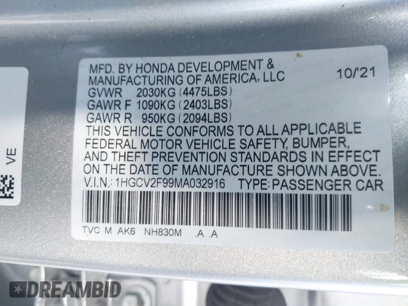 2021 Honda Accord Touring z VIN 1HGCV2F99MA032916, wystawiony jako IAAI lot #42019607 z przebiegiem 64 344 mil mil oraz . Historia ofert i sprzedaży dostępna na DreamBid. Obrazek 9.