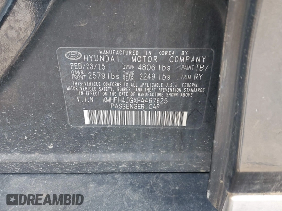 2015 Hyundai Azera Limited with VIN KMHFH4JGXFA467625, listed as a IAAI auction lot 42222067 with 242,309 mi miles and . Bid and sale history available at DreamBid. Image 9.