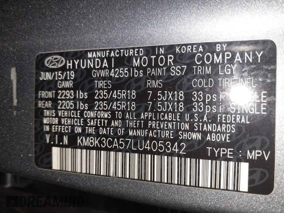 2020 Hyundai Kona Limited with VIN KM8K3CA57LU405342, listed as a IAAI auction lot 41791082 with 58,043 mi miles. Bid and sale history available at carsss.com. Image 9.