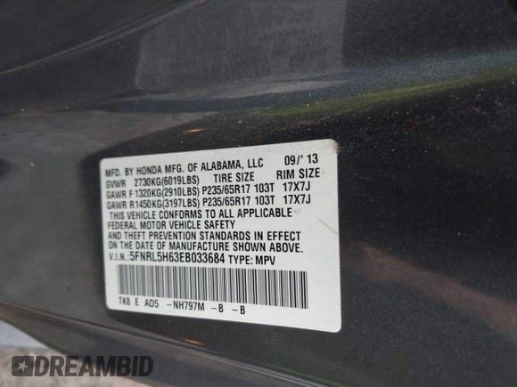 2014 Honda Odyssey EX-L with VIN 5FNRL5H63EB033684, listed as a IAAI auction lot 42025249 with 128,017 mi miles and . Bid and sale history available at carsss.com. Image 9.
