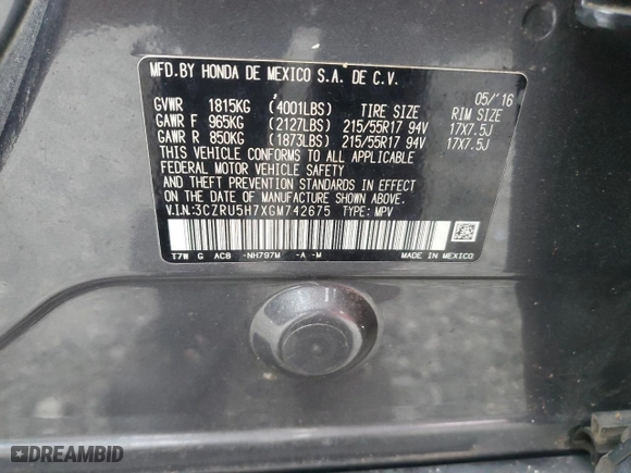 2016 Honda HR-V EX-L w/Navi with VIN 3CZRU5H7XGM742675, listed as a Copart auction lot 46062225 with 149,163 mi miles and Salvage Title. Bid and sale history available at carsss.com. Image 15.