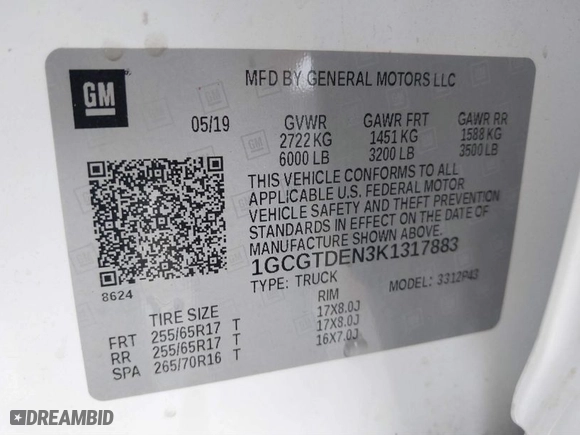 2019 Chevrolet Colorado 4WD Z71 with VIN 1GCGTDEN3K1317883, listed as a IAAI auction lot 41439010 with 34,306 mi miles. Bid and sale history available at carsss.com. Image 9.