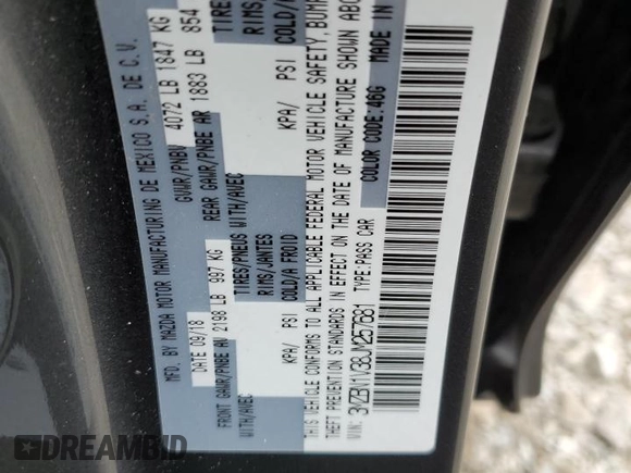 2018 Mazda 3 Touring z VIN 3MZBN1V38JM257681, wystawiony jako Copart lot #49357274 z przebiegiem 48 953 mil mil oraz Szkoda całkowita • Salvage title. Historia ofert i sprzedaży dostępna na DreamBid. Obrazek 12.