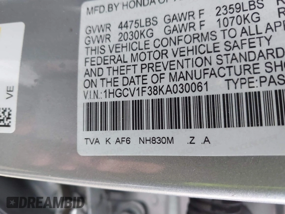 2019 Honda Accord Sport with VIN 1HGCV1F38KA030061, listed as a IAAI auction lot 41712893 with Not Provided miles and . Bid and sale history available at carsss.com. Image 9.