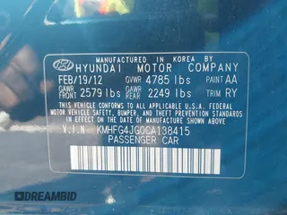 2012 Hyundai Azera with VIN KMHFG4JG0CA138415, listed as a IAAI auction lot 42750561 with 193,993 mi miles and . Bid and sale history available at DreamBid. Image 9.