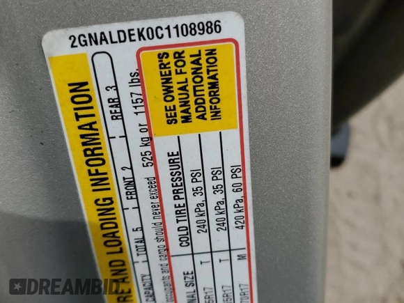 2012 Chevrolet Equinox 1LT z VIN 2GNALDEK0C1108986, wystawiony jako Copart lot #57516645 z przebiegiem 206 232 mil mil oraz Szkody całkowita. Historia ofert i sprzedaży dostępna na DreamBid. Obrazek 13.