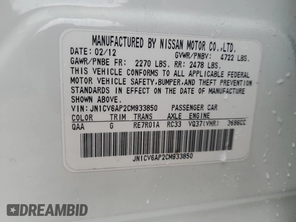 2012 Infiniti G37 Sedan Journey with VIN JN1CV6AP2CM933850, listed as a Copart auction lot 51607495 with 123,891 mi miles and Salvage Title. Bid and sale history available at carsss.com. Image 13.