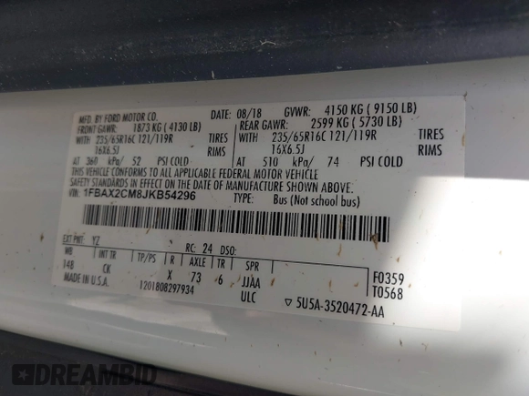 2018 Ford Transit Passenger XL с VIN 1FBAX2CM8JKB54296, выставлен на аукционе IAAI как лот 42389398 с пробегом 140 374 миль миль и . История ставок и продаж доступна на DreamBid. Изображение 9.