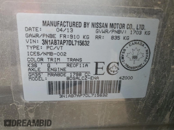2013 Nissan Sentra S with VIN 3N1AB7AP7DL715632, listed as a Copart auction lot 54948935 with 142,432 mi miles and Clean Title. Bid and sale history available at DreamBid. Image 12.