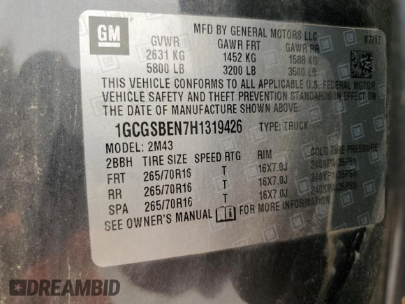 2017 Chevrolet Colorado 2WD WT with VIN 1GCGSBEN7H1319426, listed as a Copart auction lot 56779445 with 1,075 mi miles and Clean title. Bid and sale history available at DreamBid. Image 12.