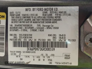 2016 Ford Fusion SE with VIN 3FA6P0H73GR308559, listed as a IAAI auction lot 39305107 with 168,930 mi miles and . Bid and sale history available at DreamBid. Image 9.