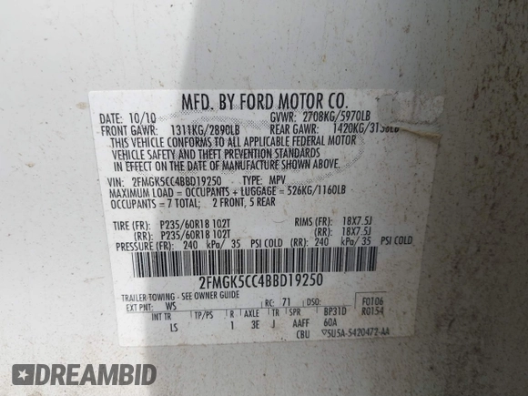 2011 Ford Flex SEL with VIN 2FMGK5CC4BBD19250, listed as a IAAI auction lot 41662290 with 200,095 mi miles. Bid and sale history available at carsss.com. Image 9.