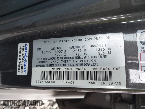 2016 Mazda 3 i Sport with VIN JM1BM1T7XG1298654, listed as a IAAI auction lot 41946415 with 114,894 mi miles and . Bid and sale history available at carsss.com. Image 9.