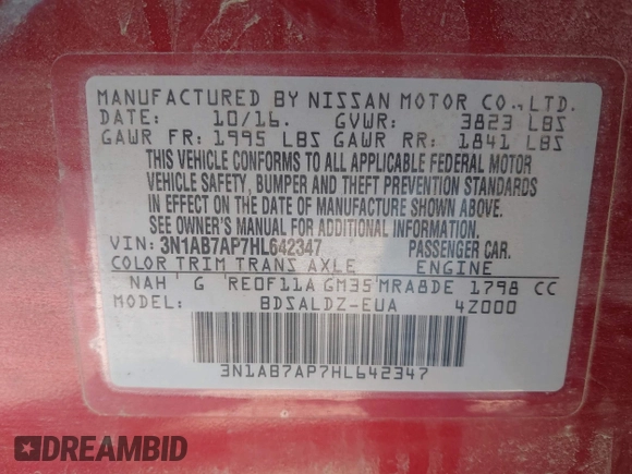 2017 Nissan Sentra SV with VIN 3N1AB7AP7HL642347, listed as a IAAI auction lot 41905351 with 97,361 mi miles and . Bid and sale history available at DreamBid. Image 9.