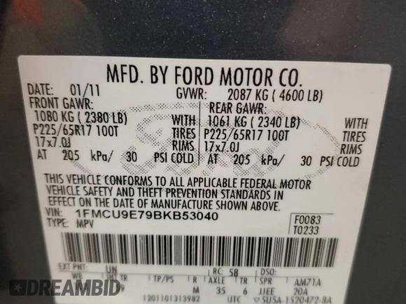 2011 Ford Escape Limited with VIN 1FMCU9E79BKB53040, listed as a Copart auction lot 50304205 with 196,163 mi miles and Clean Title. Bid and sale history available at DreamBid. Image 13.