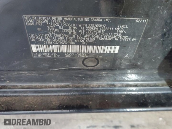 2011 Toyota RAV4 Limited with VIN 2T3DF4DV8BW126280, listed as a Copart auction lot 50345295 with 171,126 mi miles and Salvage Title. Bid and sale history available at DreamBid. Image 12.