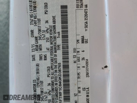 2016 Ford F-150 XL with VIN 1FTMF1C84GKD38765, listed as a Copart auction lot 57071445 with 142,677 mi miles and Salvage title. Bid and sale history available at DreamBid. Image 12.