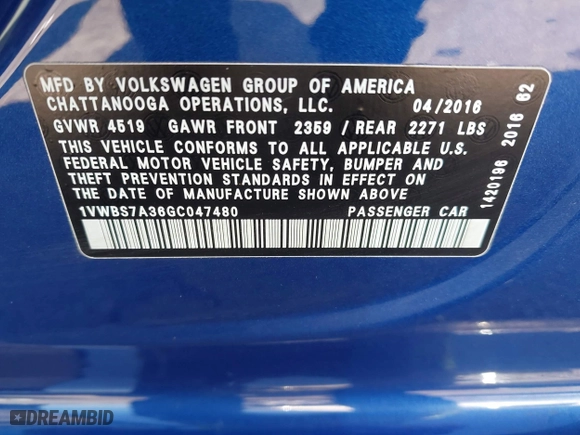 2016 Volkswagen Passat 1.8T SE w/Technology with VIN 1VWBS7A36GC047480, listed as a IAAI auction lot 41685321 with 121,379 mi miles. Bid and sale history available at carsss.com. Image 9.