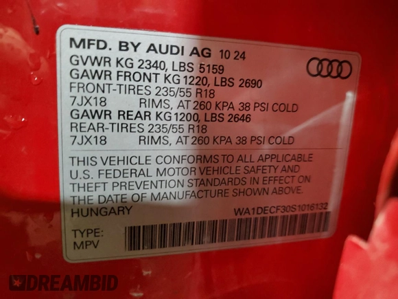 2025 Audi Q3 S line Premium z VIN WA1DECF30S1016132, wystawiony jako Copart lot #55785515 z przebiegiem Nie podano mil oraz Czysty tytuł • Clean title. Historia ofert i sprzedaży dostępna na DreamBid. Obrazek 13.