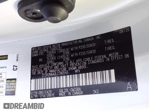 2020 Lexus RX 350 with VIN 2T2HZMAA0LC180545, listed as a IAAI auction lot 41804254 with 70,010 mi miles and . Bid and sale history available at DreamBid. Image 9.