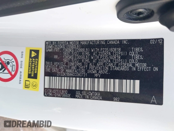 2012 Lexus RX with VIN 2T2ZK1BA4CC080731, listed as a IAAI auction lot 41679499 with 76,604 mi miles and . Bid and sale history available at carsss.com. Image 9.