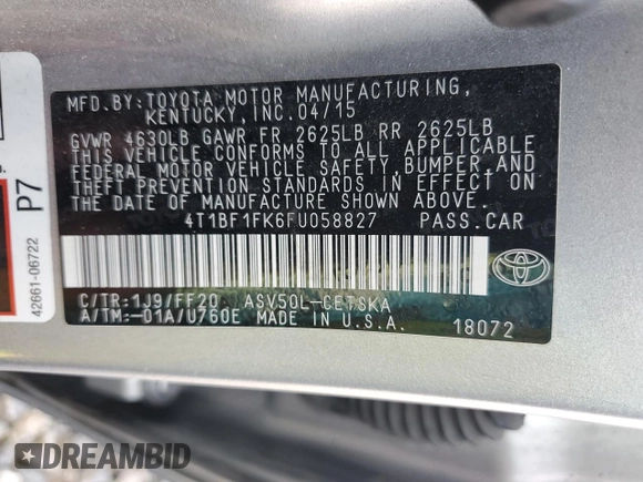 2015 Toyota Camry XLE z VIN 4T1BF1FK6FU058827, wystawiony jako Copart lot #56230185 z przebiegiem 202 052 mil mil oraz Szkoda całkowita • Salvage title. Historia ofert i sprzedaży dostępna na DreamBid. Obrazek 13.