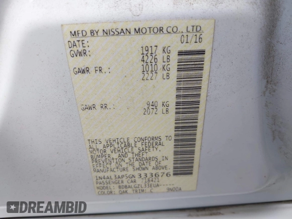 2016 Nissan Altima S with VIN 1N4AL3AP5GN333676, listed as a IAAI auction lot 42390792 with 95,341 mi miles and . Bid and sale history available at DreamBid. Image 9.