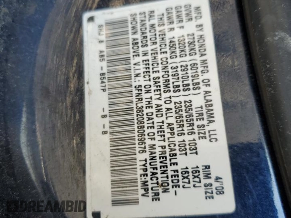 2008 Honda Odyssey LX с VIN 5FNRL38208B069676, выставлен на аукционе Copart как лот 49803295 с пробегом 176 806 миль миль и Чистый • Clean title. История ставок и продаж доступна на DreamBid. Изображение 13.