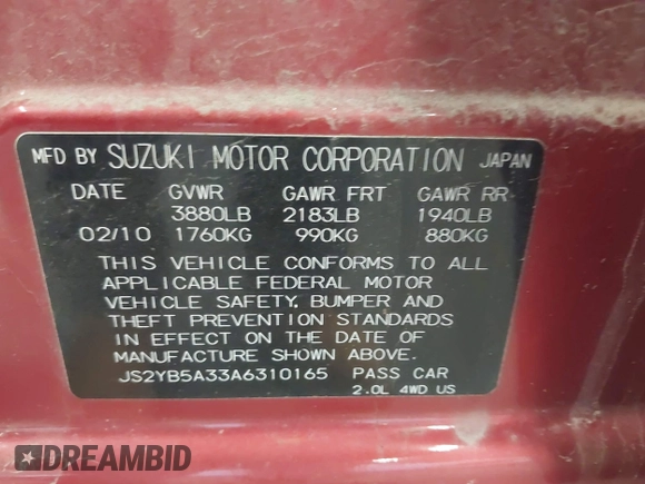 2010 Suzuki SX4 z VIN JS2YB5A33A6310165, wystawiony jako IAAI lot #42249231 z przebiegiem 93 750 mil mil oraz . Historia ofert i sprzedaży dostępna na DreamBid. Obrazek 9.