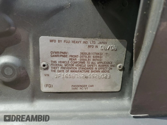 2006 Subaru Impreza i z VIN JF1GD67626G526023, wystawiony jako Copart lot #51268875 z przebiegiem 132 641 mil mil oraz Szkoda całkowita • Salvage title. Historia ofert i sprzedaży dostępna na DreamBid. Obrazek 12.
