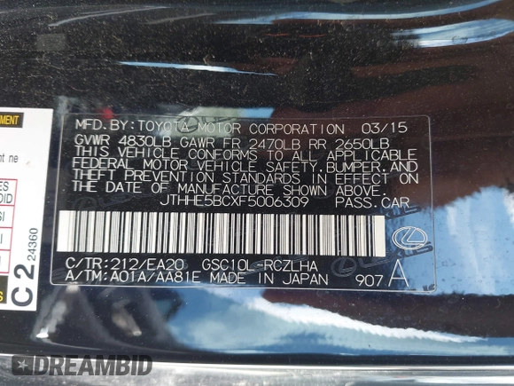 2015 Lexus RC 350 F Sport с VIN JTHHE5BCXF5006309, выставлен на аукционе IAAI как лот 42592463 с пробегом 126 408 миль миль и . История ставок и продаж доступна на DreamBid. Изображение 9.